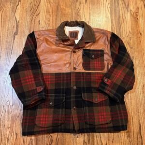 Vintage DAF Leather Wool Plaid Jacket Sherpa Lined Corduroy Collar Size Large